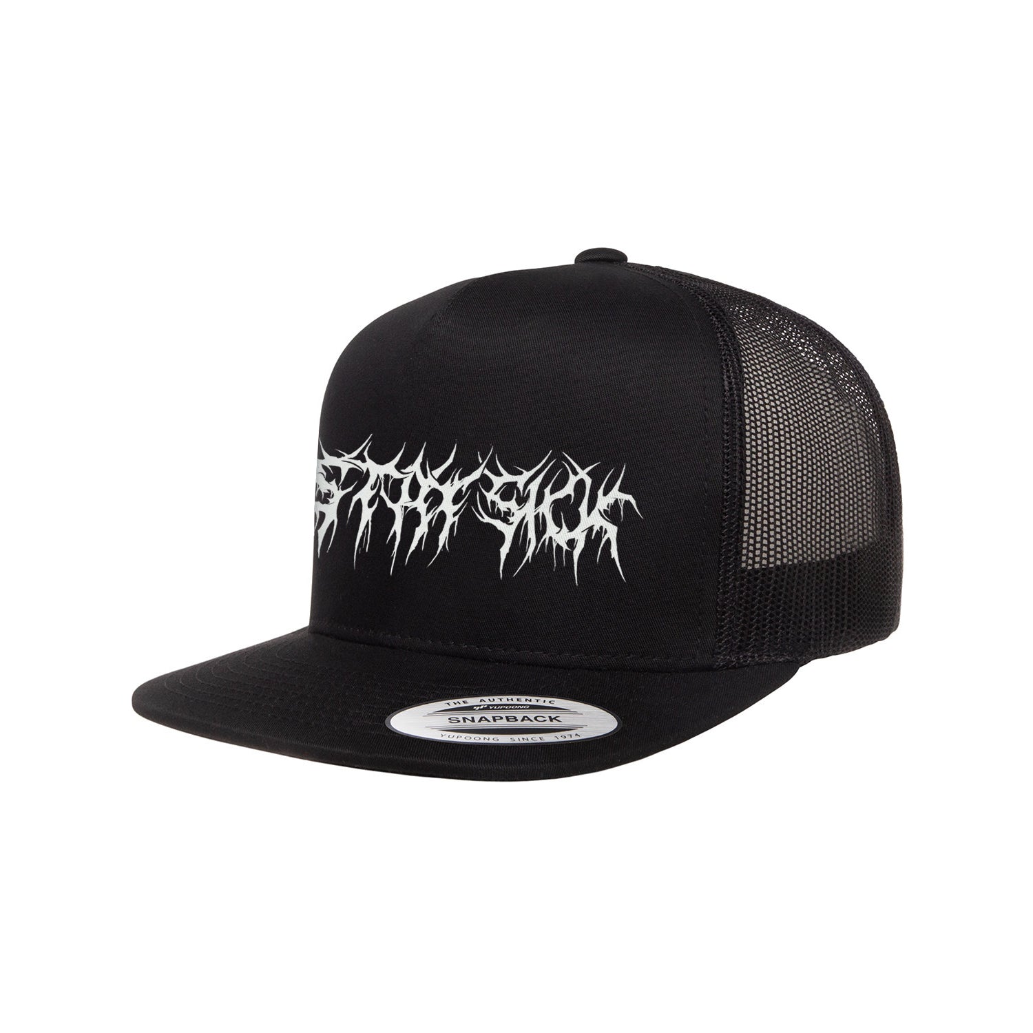 Black Trucker Hat. Stay Sick embroidered on the front in a black metal font. Print is in white.