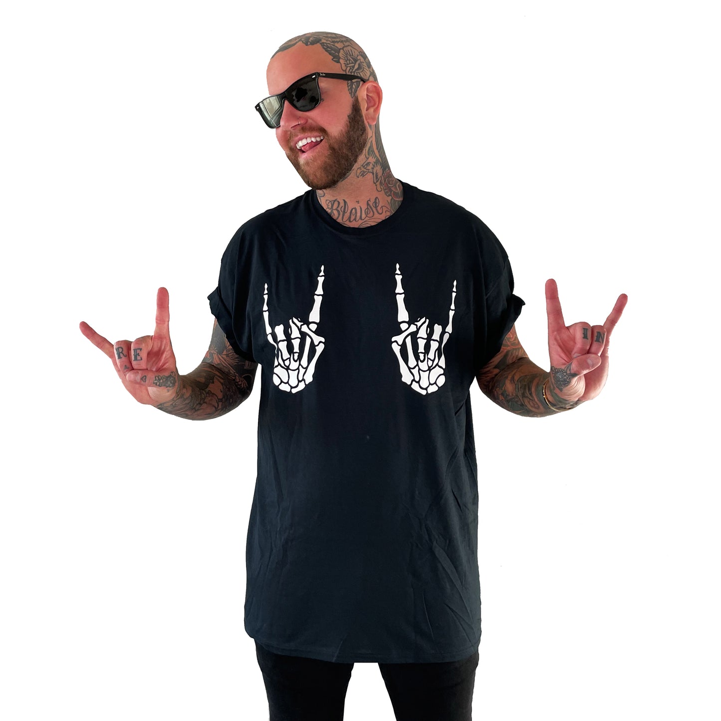 Skeleton Rock Hands Black T-Shirt