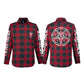 Black and Red striped flannel shirt. Small Stay Sick Logo on the front pocket. Large pentagram with occult symbols on the back. Stay Sick in old English on the sleeves. All print is in white.